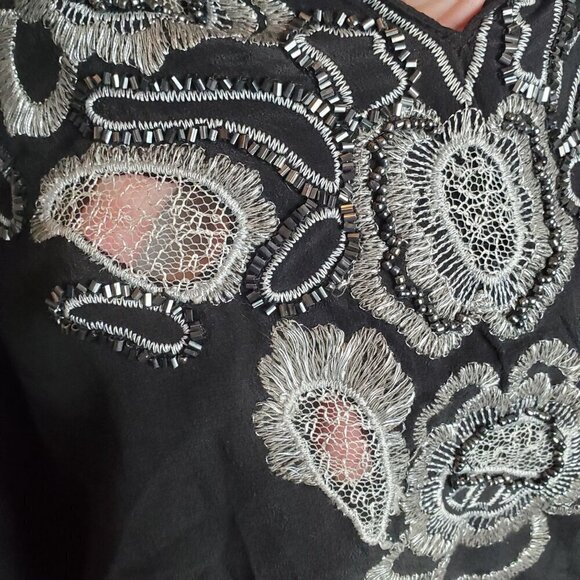Vintage Cache Blouse Womens Small Silk Black Silver Embroidery Peplum 3/4 Sleeve - Picture 7 of 15